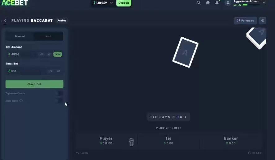 Video of a baccarat hand on AceBet posted by TheDefiApe showing a winning result.