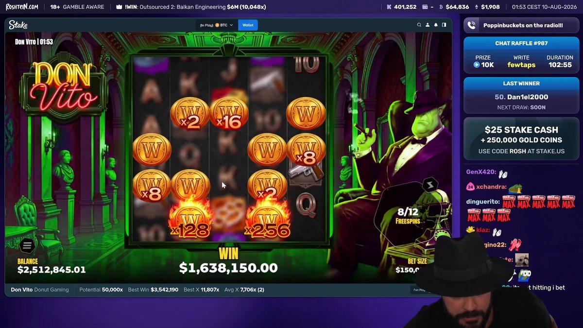 Roshtein's $15 million max win on Don Vito by Donut Gaming at Stake