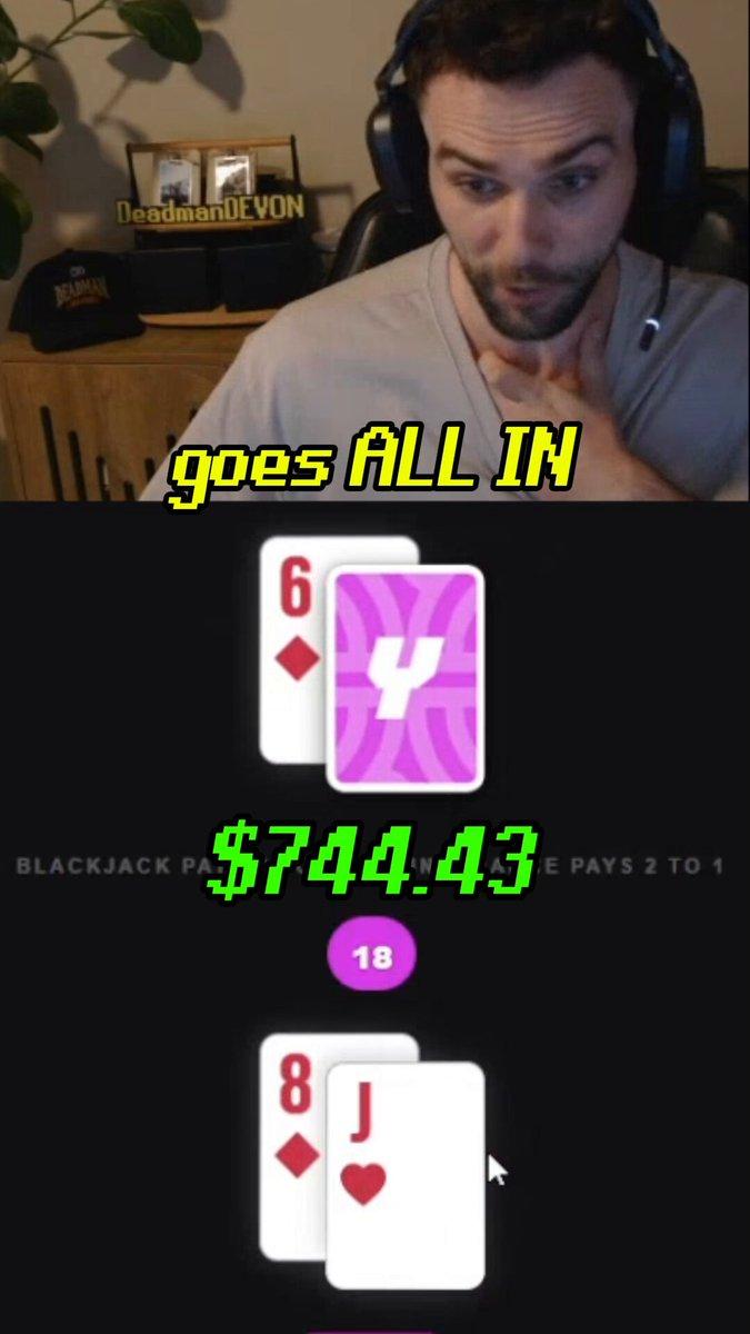 Screen recording of deadmanDEVON's Yeet blackjack session showing a martingale losing streak.