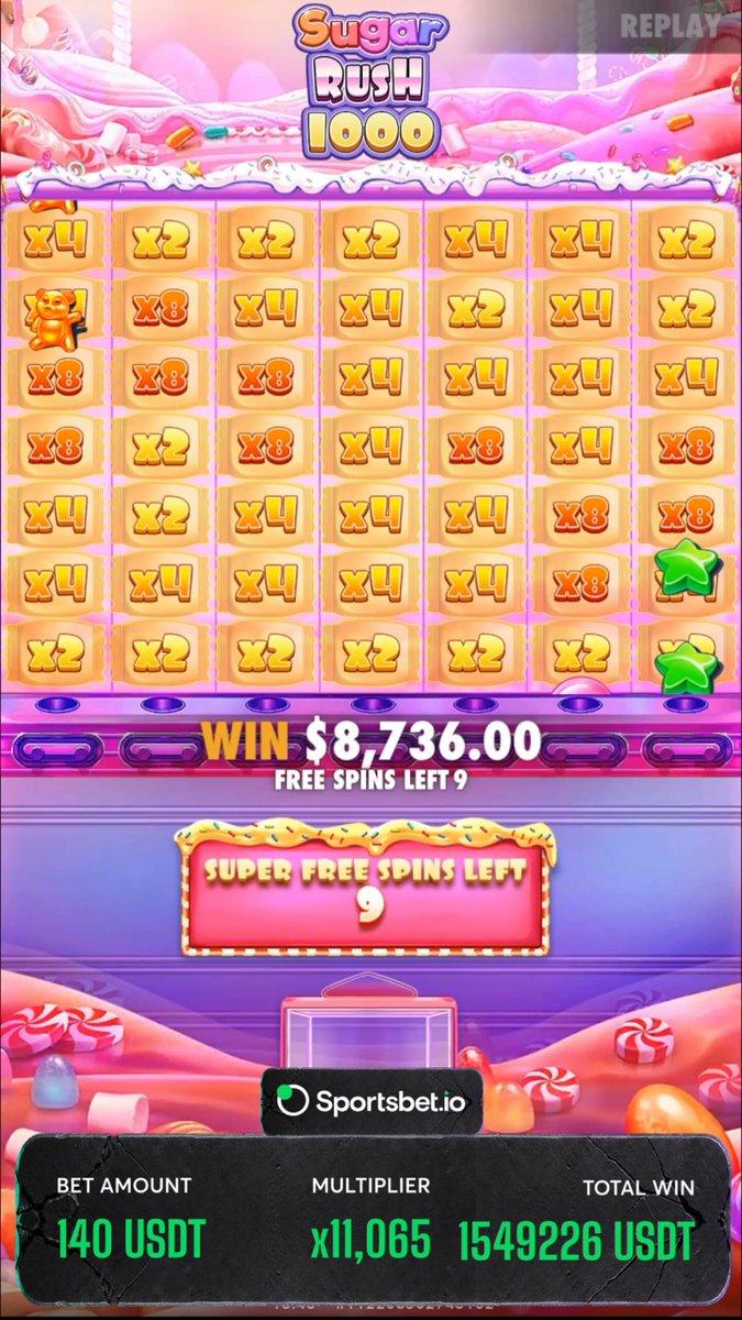 Video replay of the Sugar Rush 1000 win at an 11,065x multiplier.