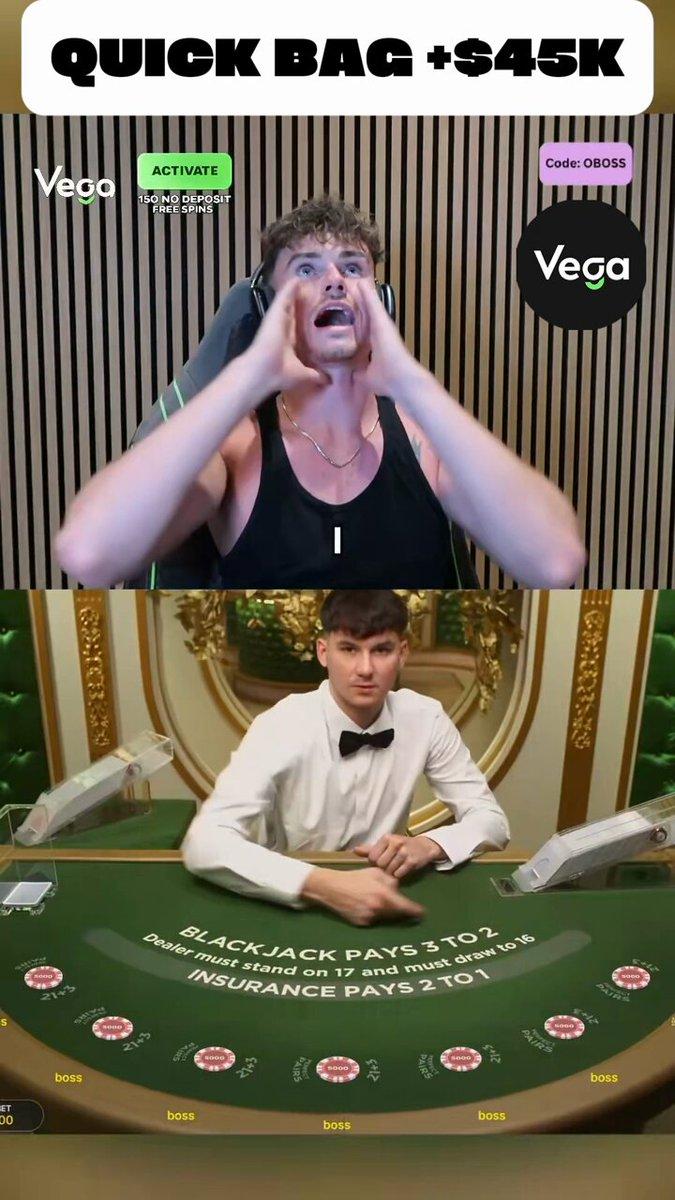 Blackjack hand clip posted by @Marsh_110 claiming a $45k win on Vega Bet.
