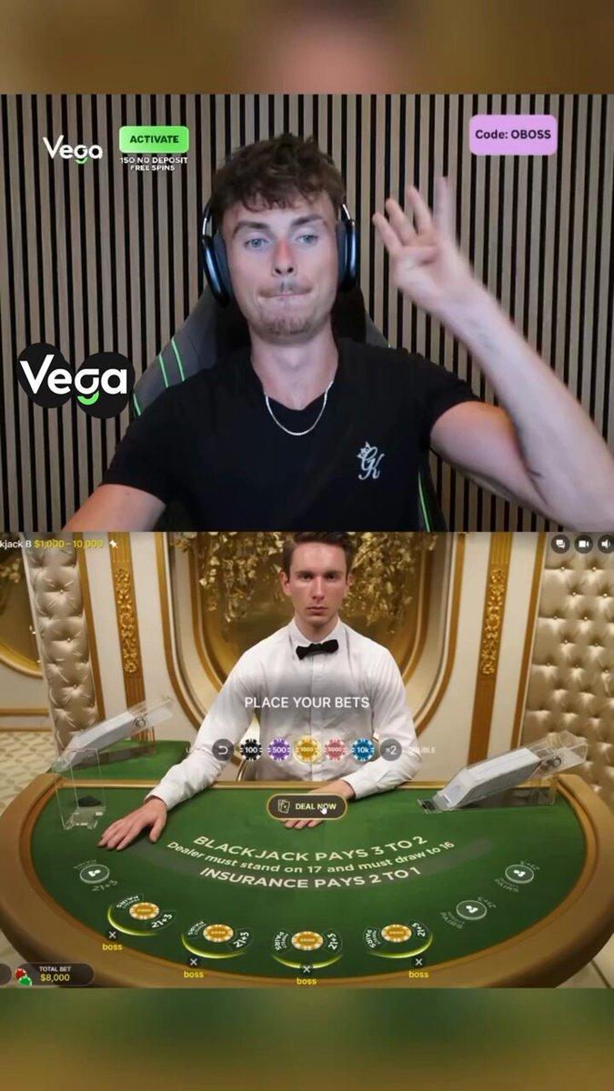Blackjack session clip posted by @dorcileCat promoting Vega Bet.
