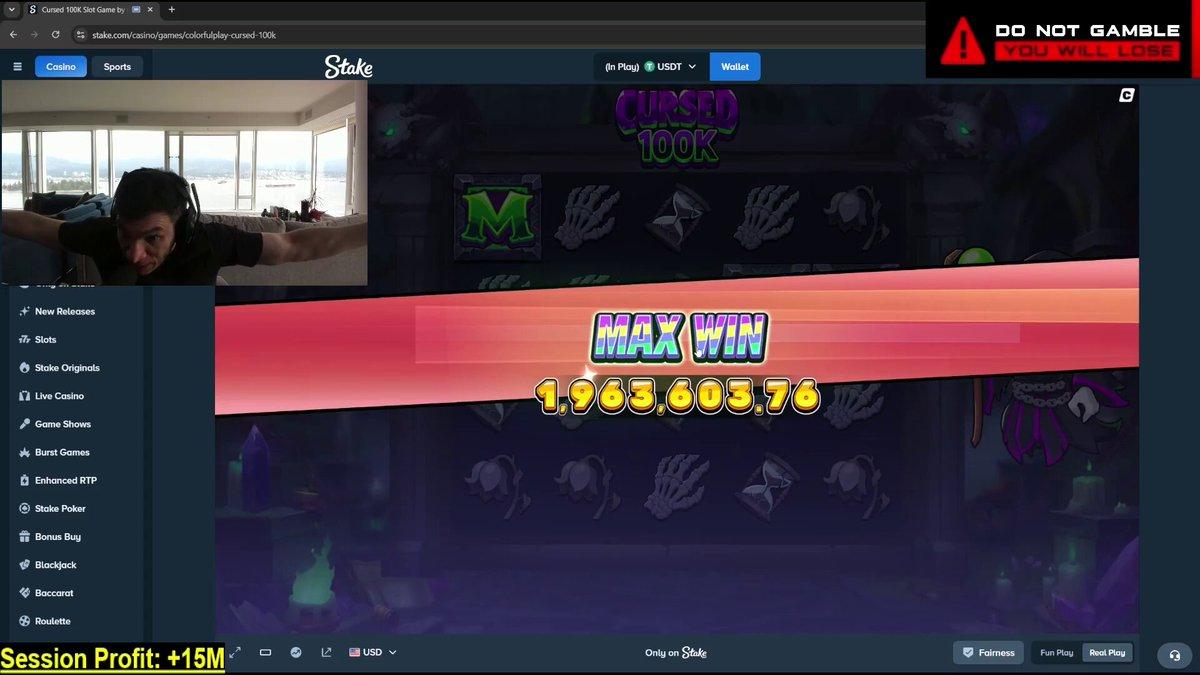 Clip of the Cursed 100K slot game on Stake showing a big win.
