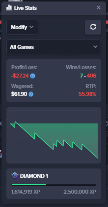 Screenshot of Gamba dice game showing chimnee's session stats with RTP well below 99%