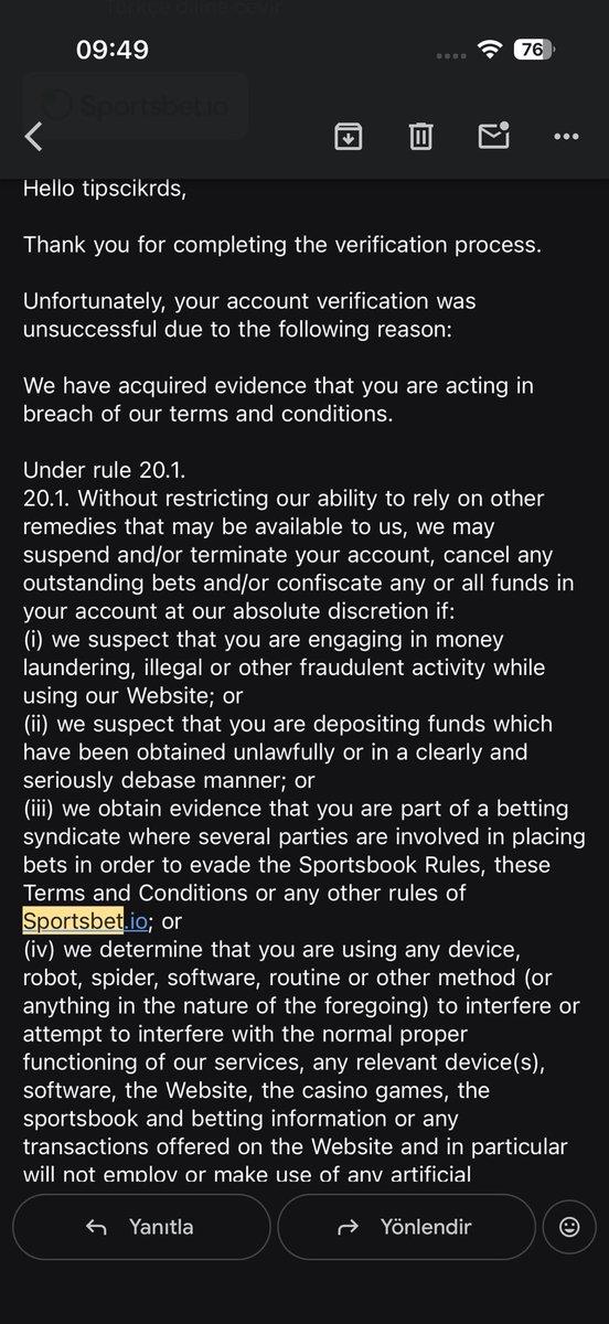 Sportsbet.io account closure email sent to player after KYC completion