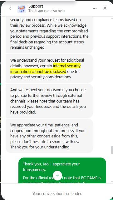 Screenshot of BC.GAME account showing Platinum 5 VIP status and account closure information