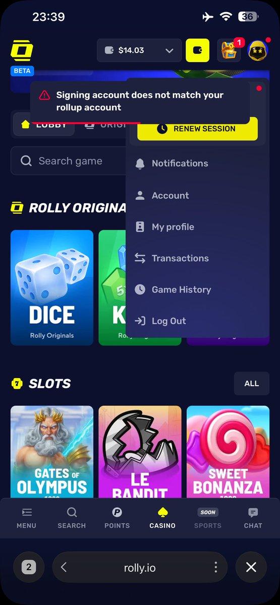 Screenshot posted by MishaShorts showing a Rolly interface with locked or inaccessible funds