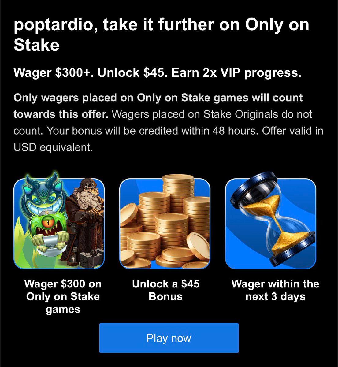 Screenshot showing completed wagering for the Stake bonus promotion