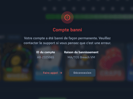 Screenshot of AceBet account ban notification