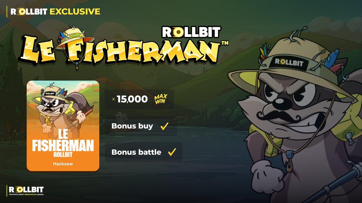 Promotional artwork for Le Fisherman Rollbit slot game featuring Rollbit and Hacksaw Gaming branding with a fisherman theme