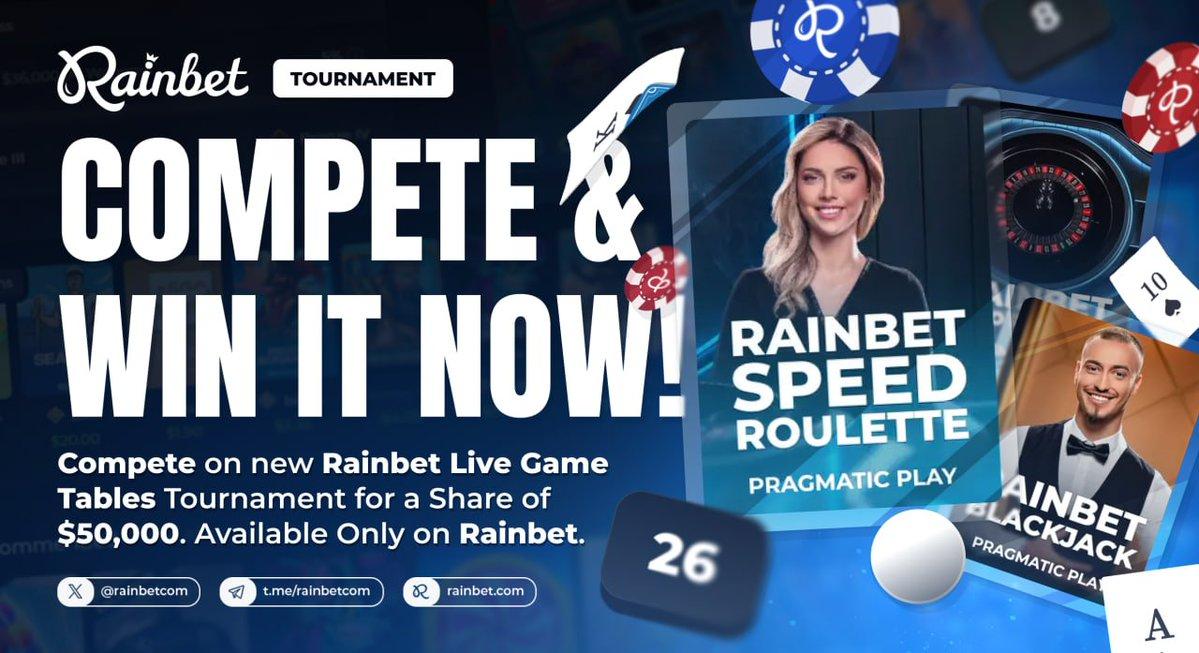 Rainbet promotional graphic announcing a $50,000 live dealer tournament.