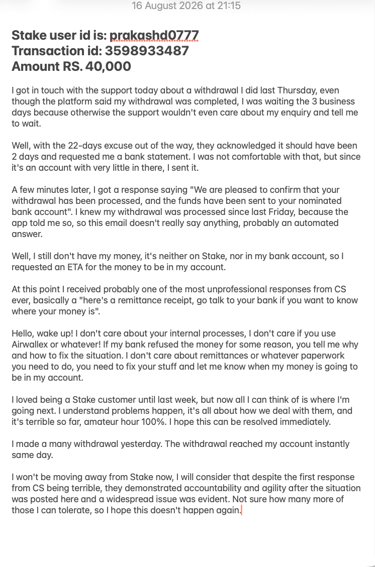 Screenshot attached to Prakash Dhamecha's 22-day withdrawal complaint