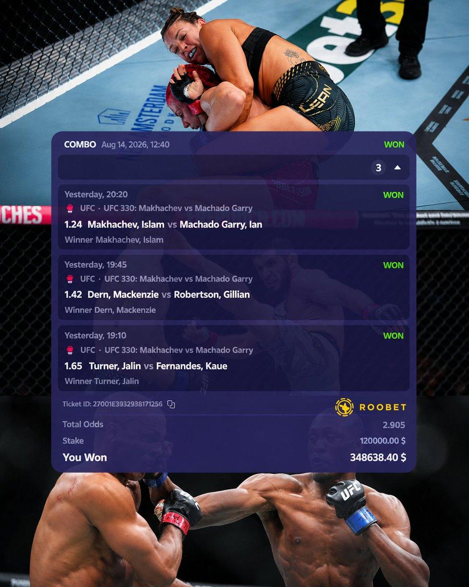 Screenshot of the Roobet bet slip showing a $120,000 three-leg UFC parlay that paid $348,638.40.