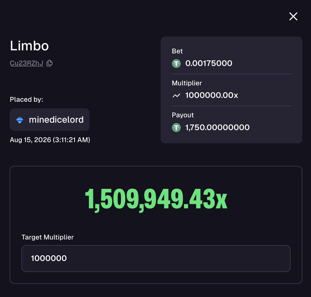 Goated's post image announcing another 1,000,000x Limbo hit