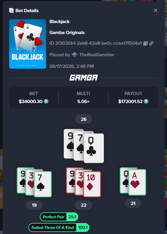 Gamba screenshot of TheGambler1999's $34,000 blackjack hand that returned $172,000