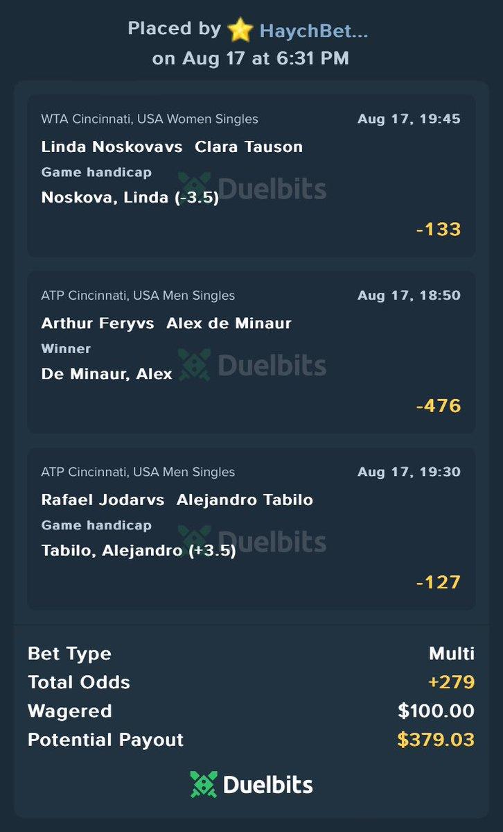 Duelbits wager slip posted by HaychBets showing the three-leg tennis challenge