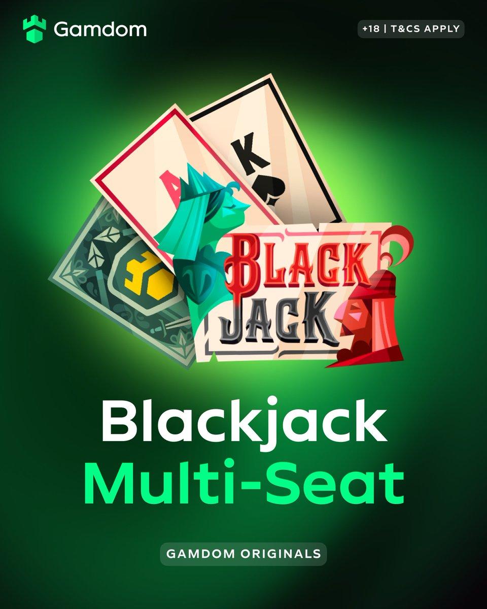 Promotional image for Gamdom Multi-Seat Blackjack showing three hands and side bet options