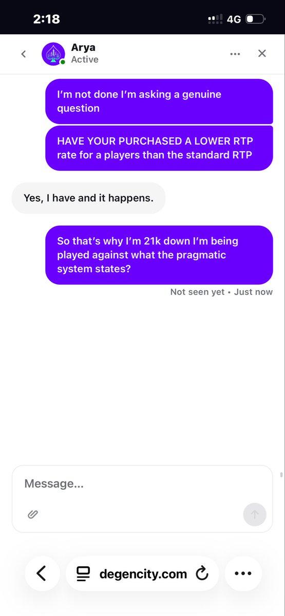 Screenshot shared by Edras as evidence of Degencity RTP allegations