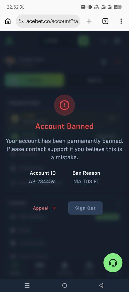 Screenshot from Pinky Anggi showing AceBet account ban after $50 withdrawal attempt