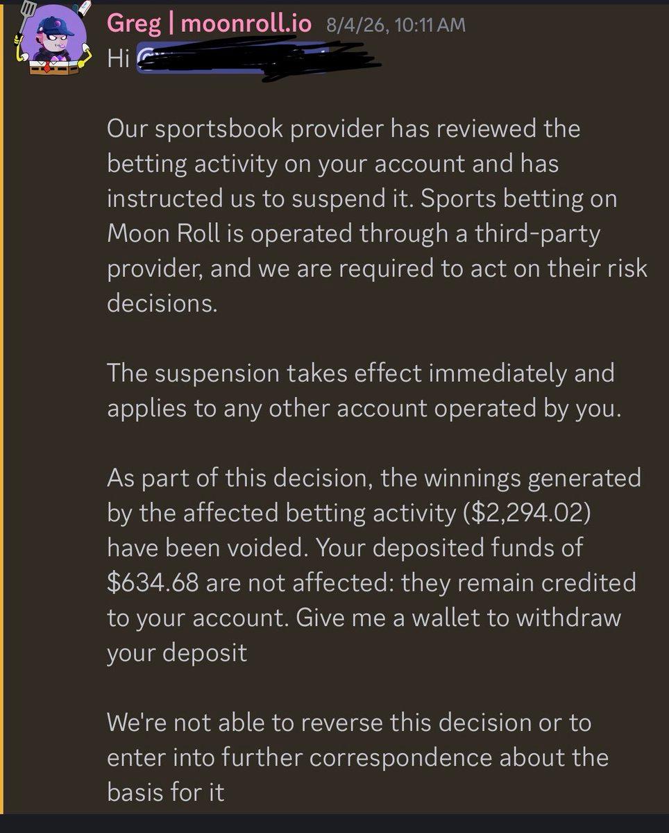 Screenshot of FrostyBets warning about Moonroll being a scam