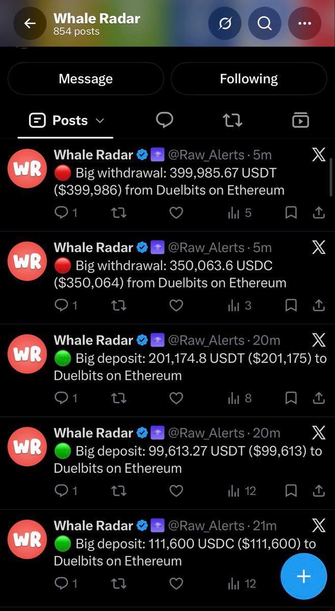 Screenshot of Whale Radar withdrawal alerts showing large crypto payouts from Duelbits