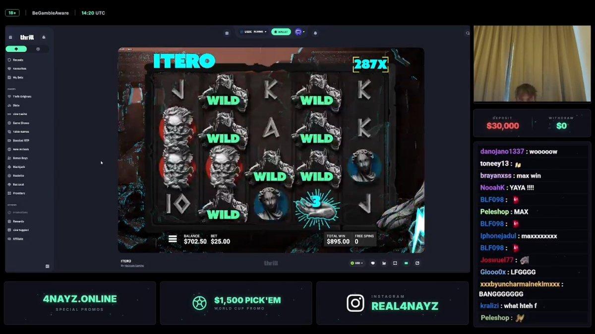 Video of streamer Real4Nayz leaving the frame after a max win on Itero