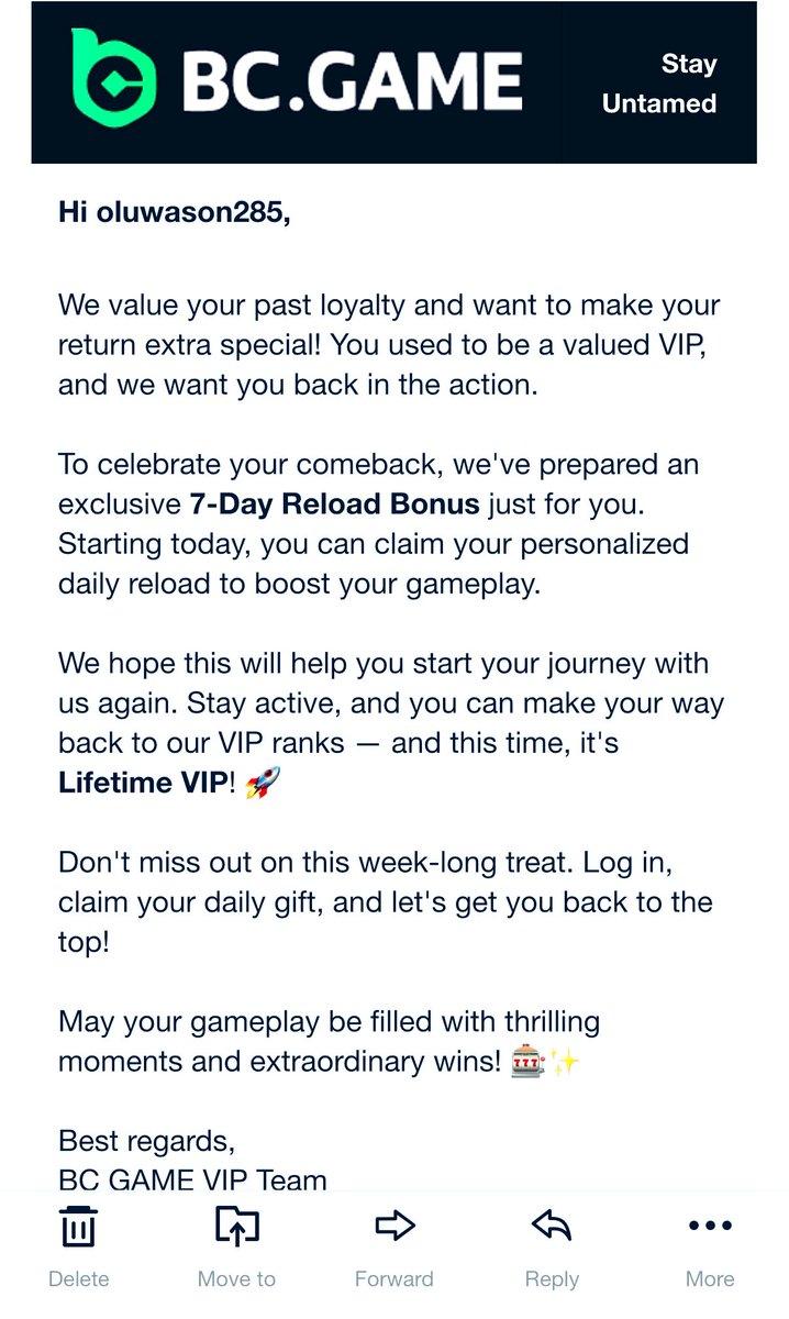 Screenshot of BC.GAME reload bonus offer to VIP @oluwason285