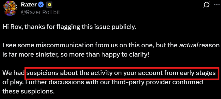 Warning graphic from Xerct telling users not to play on Rollbit