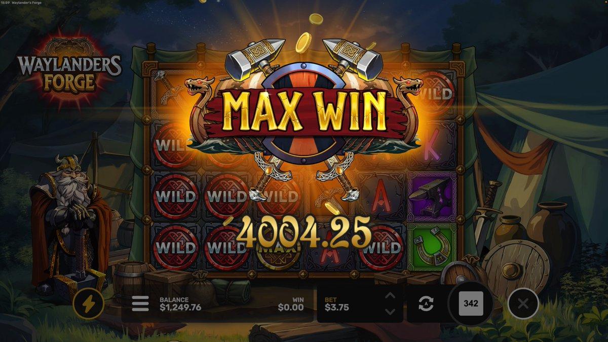 Sophistry's Waylanders Forge max win screenshot showing $4,004.25 payout from a $3.75 bet