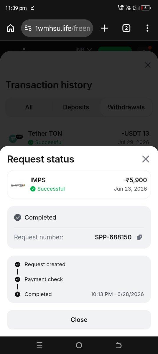 Screenshot of 1win withdrawal showing successful status for 5900 INR