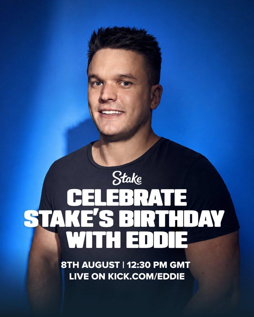 Eddie in front of a birthday cake with gold balloons promoting Stake's ninth birthday stream on Kick