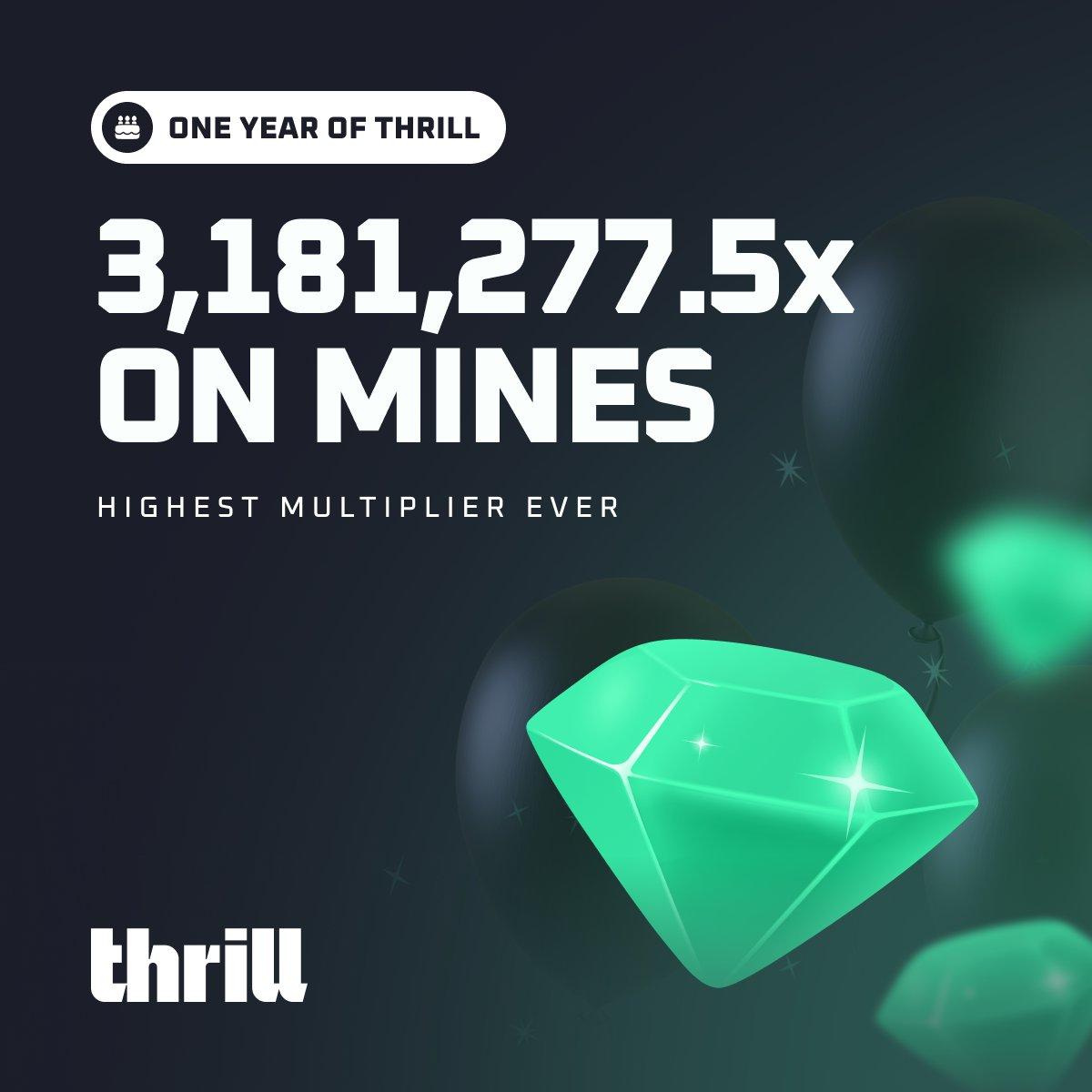 Thrill.com Year One Replay graphic celebrating a 3,181,277.5x Mines multiplier win