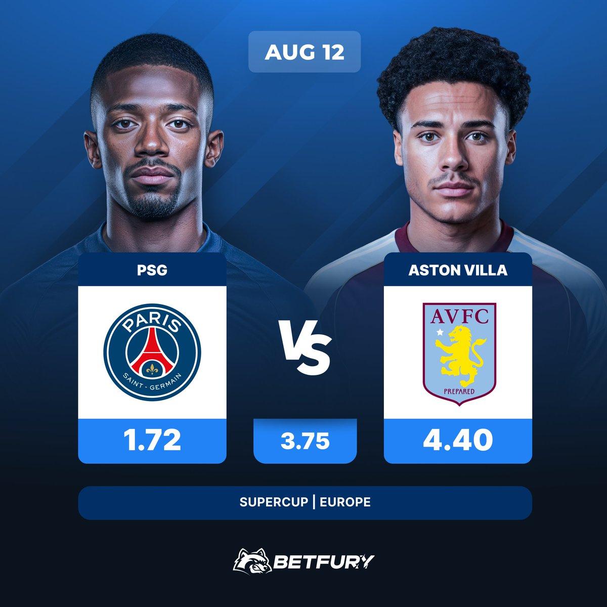 BetFury promotional graphic for UEFA Super Cup PSG vs Aston Villa free bet giveaway