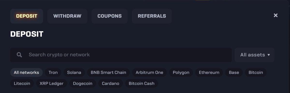 Screenshot of Rollbit deposit methods showing Tron, Binance Smart Chain, and Base support