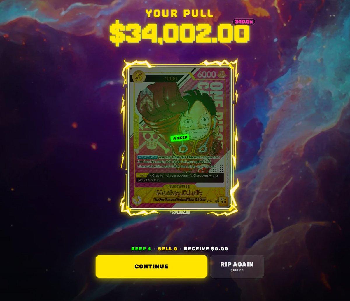 Serial Luffy One Piece trading card valued at $34,000 pulled from a Tilt Rips digital pack