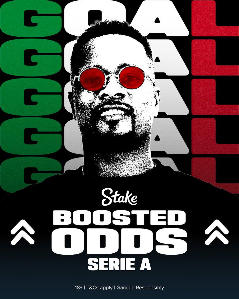 Stake Serie A Winner Boost promotional graphic featuring Italian football branding.
