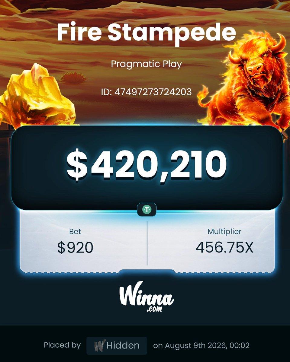 Screenshot of the Fire Stampede win on Winna showing a $420,210 payout