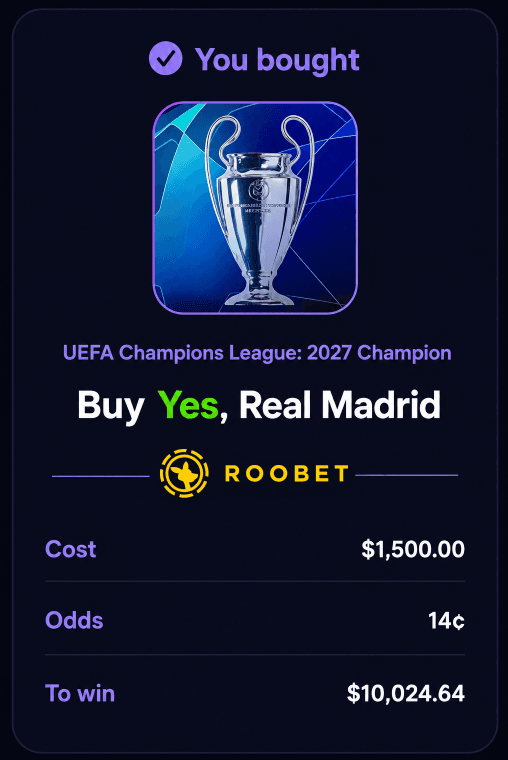Screenshot of the fourteen-cent Real Madrid 2027 Champions League bet showing a $10,024.64 payout.