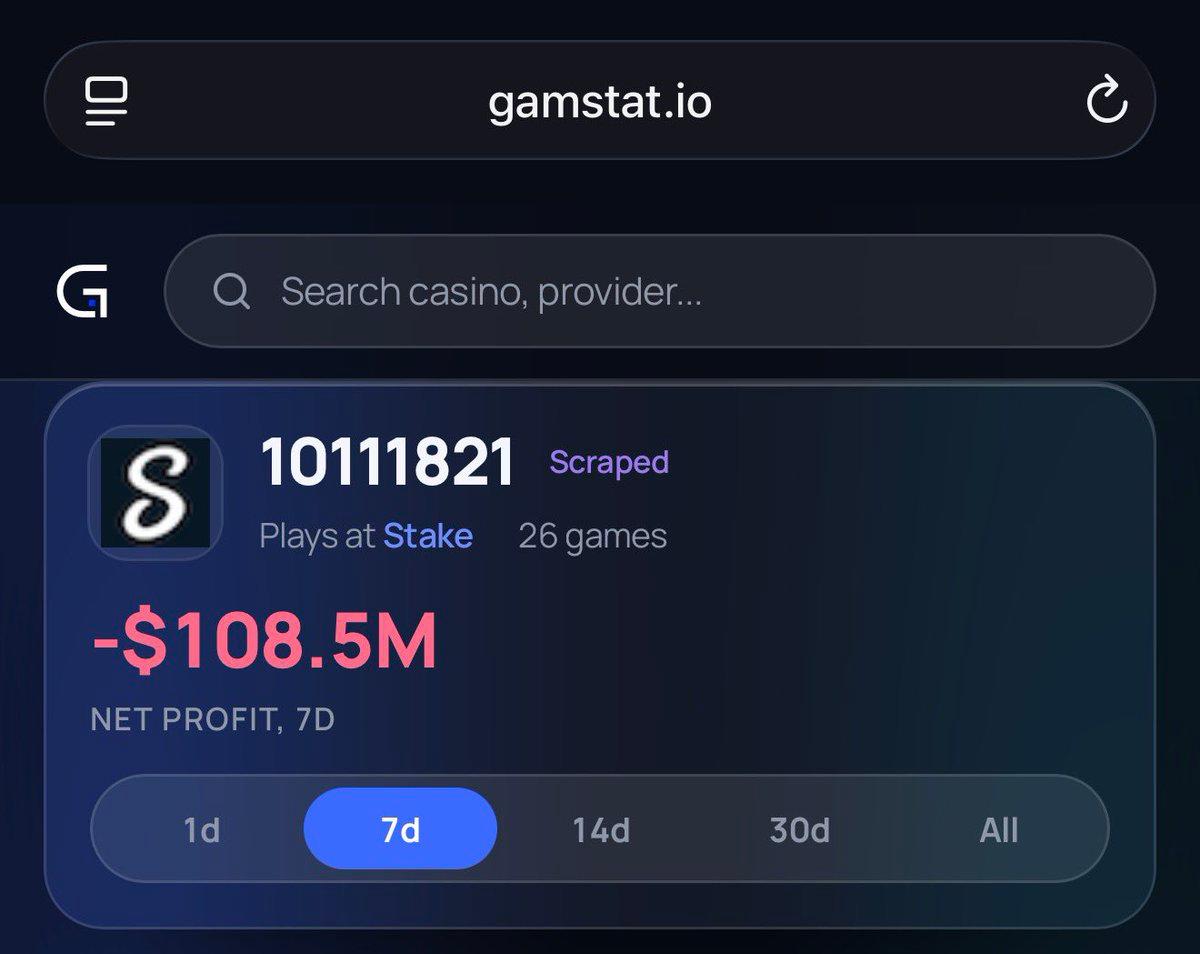 GamStat player board screenshot showing the account xet highlighted in the $108.5 million post