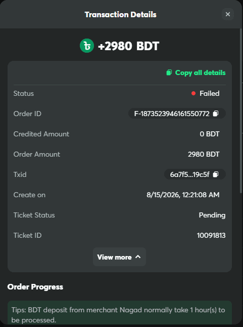 Image attached to a BC.GAME complaint about BDT deposit and withdrawal failures