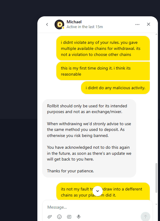 Screenshot attached to a same-day Rollbit withdrawal complaint