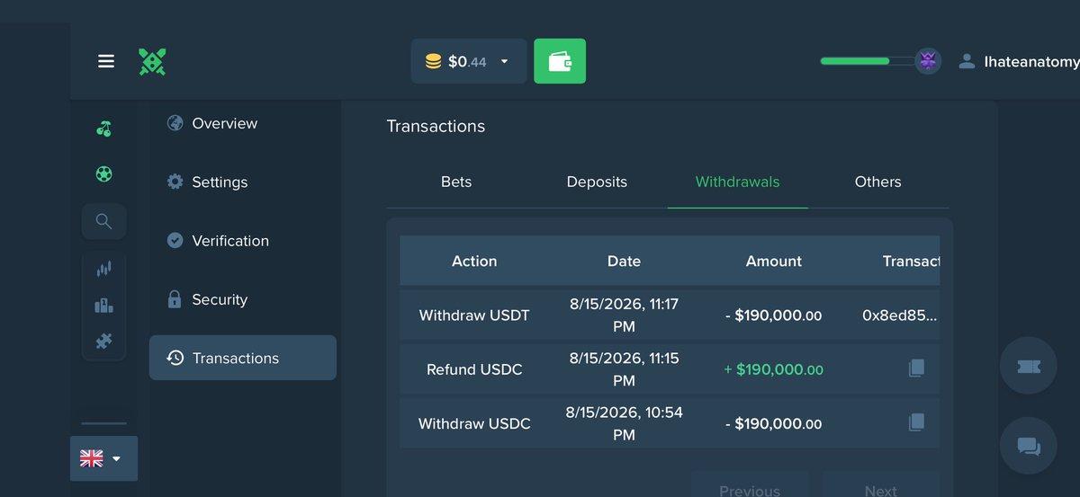 Screenshot attached to the original Duelbits withdrawal post.