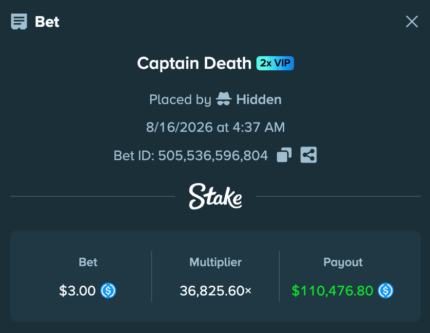 Screenshot of a Stake Captain Death win showing a $3 bet turning into $110,000