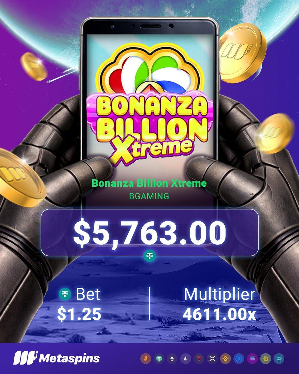 Screenshot of a $1.25 bet win receipt showing a $5,763 payout on Bonanza Billion Xtreme.