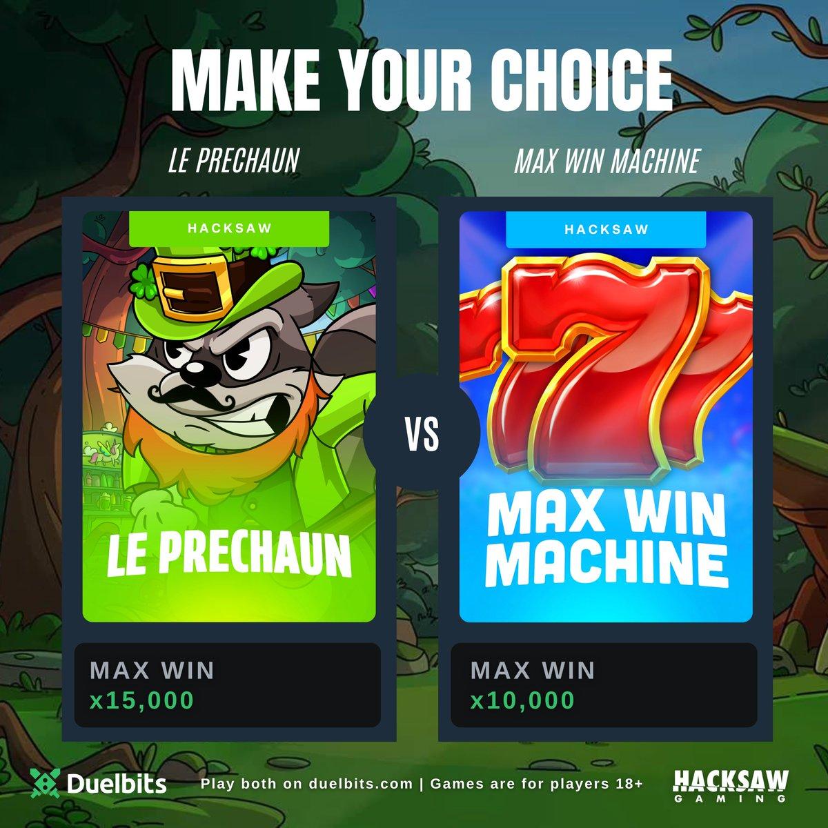 Graphic posted by Duelbits affiliate Zeus asking followers to choose between Le Prechaun and Max Win Machine.