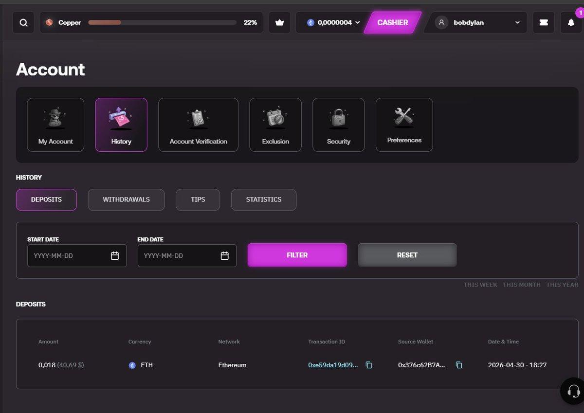 Screenshot of a YEET deposit receipt showing a 0.00008 ETH deposit.