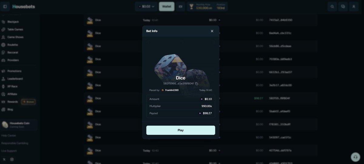 Housebets Dice competition winners announcement graphic.