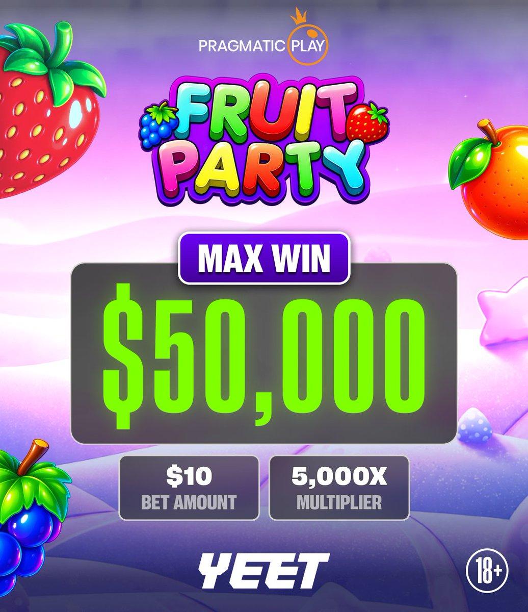 Screenshot posted by Yeet showing the Fruit Party max win of $50,000 from a $10 bet.