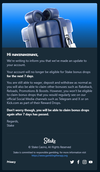 Screenshot attached to the Stake player's post.