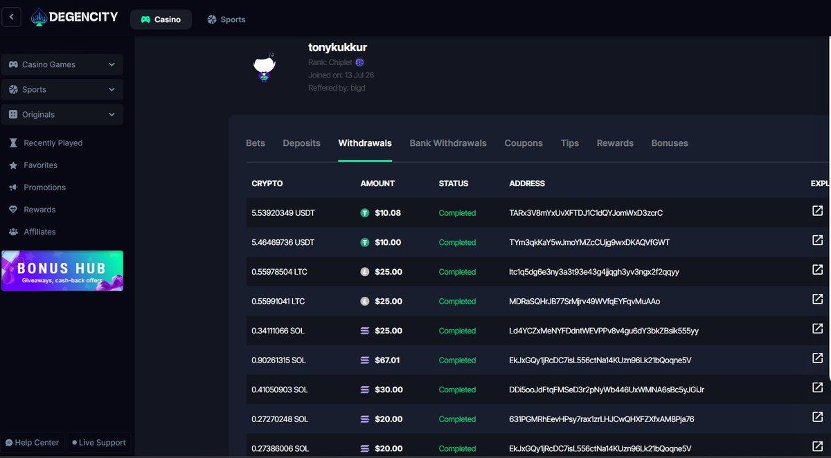 Screenshot of DegenCity withdrawal showing the discrepancy between requested and received amounts